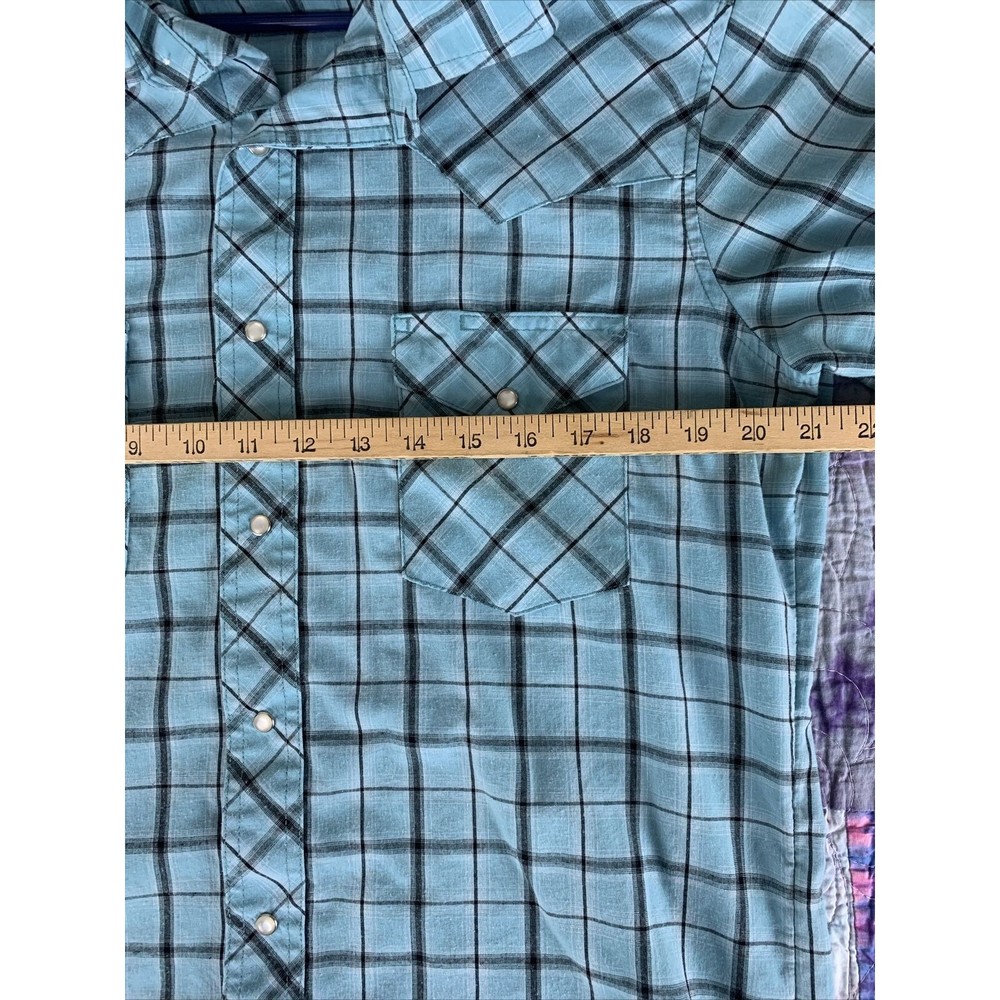 Vintage Wrangler Men’s Medium Blue Plaid Western Shirt Pearl Snaps Short Sleeve - Picture 5 of 7
